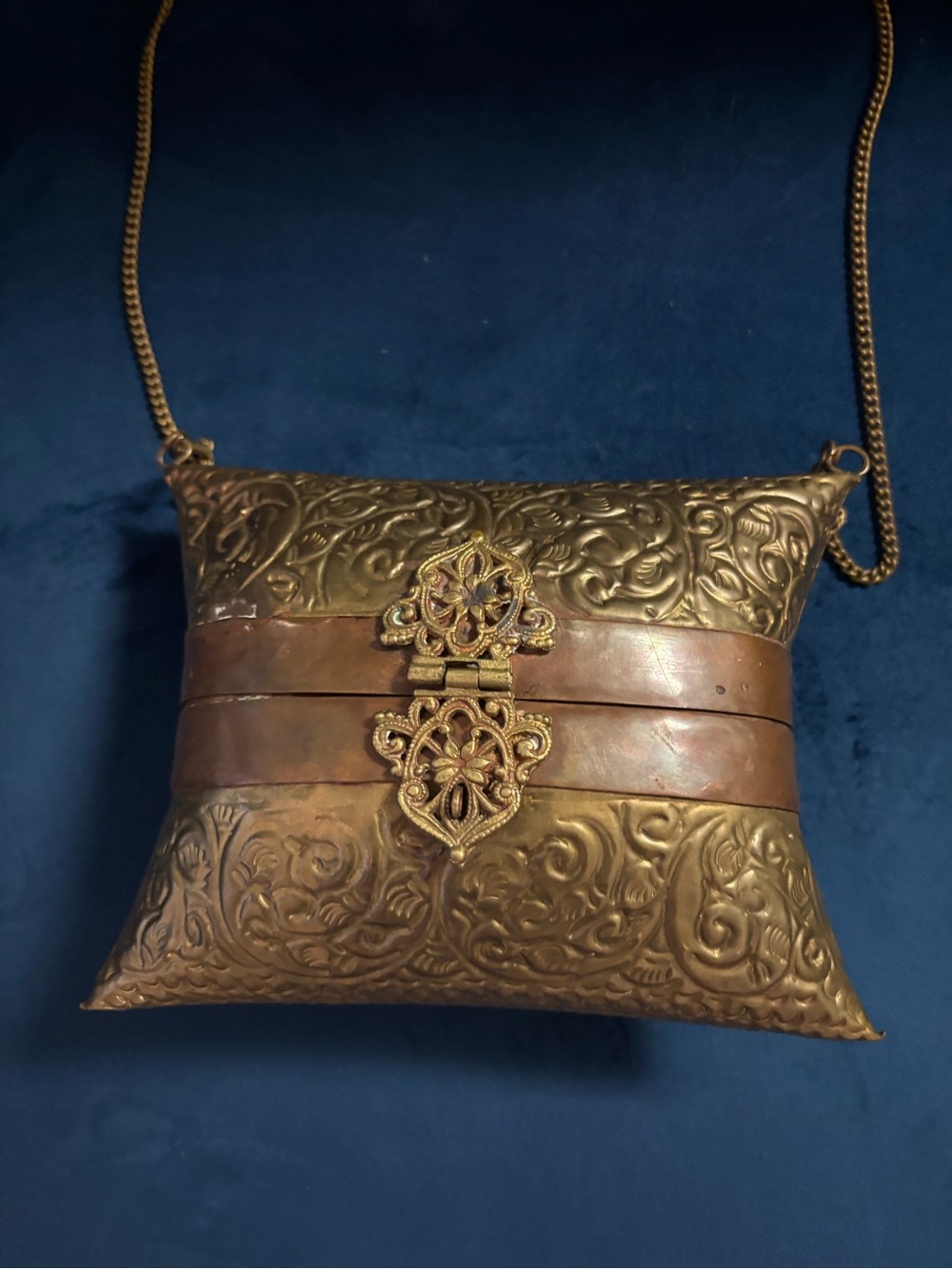 Antique-Style Embossed Metal Pillow Purse in Brass Copper